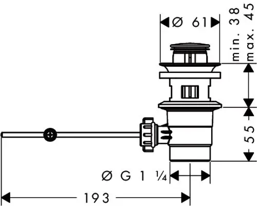 Ablaufventil aus Kunststoff mit Edelstahlblende, dargestellt in technischem Diagramm mit Maßangaben und Anschlussdetails. Produkt von Hansgrohe.